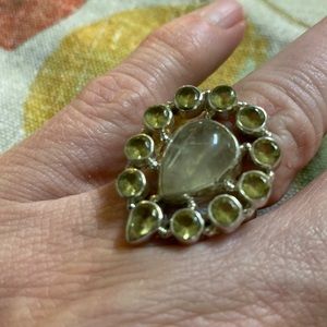 Rutilated Quartz and Citrine Pear Shape Sterling Silver Ring size 7